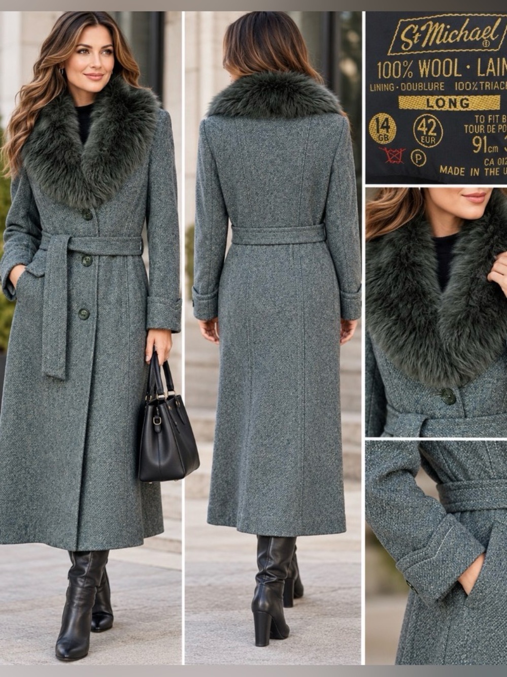 Vintage St Michael M&S 100% Wool Long Belted Faux Fur Collar Coat 14